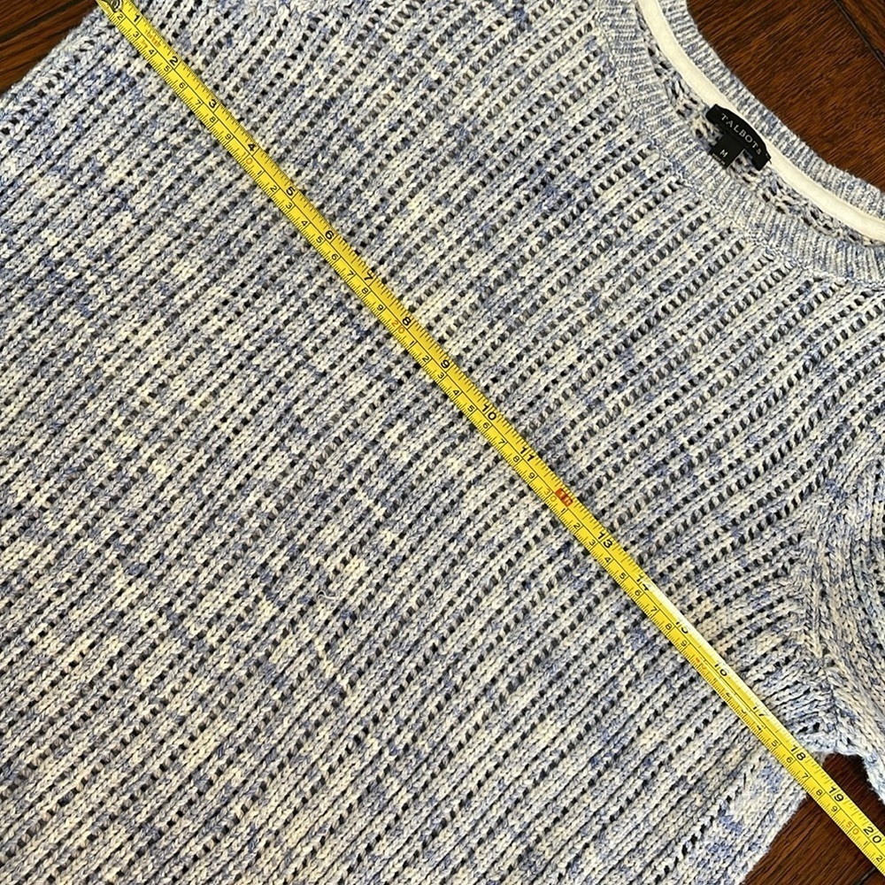 Talbots Blue White Loose Knit Crew Neck Sweater Pullover Medium Cotton - Picture 6 of 8